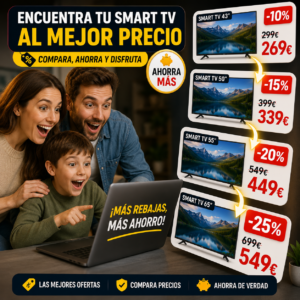 Comparativa de varias Smart TV baratos y económicas con etiquetas de ahorro