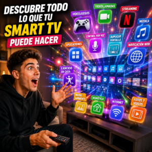 Persona descubriendo los múltiples usos de Smart TV como centro multimedia y entretenimiento