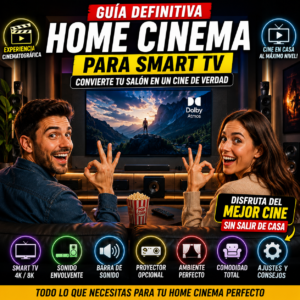 Sistema Home Cinema Smart TV, barra de sonido, altavoces y sofá frente a una gran pantalla