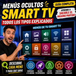 Pantalla de televisor mostrando los principales menus ocultos de smart tv y ajustes del sistema