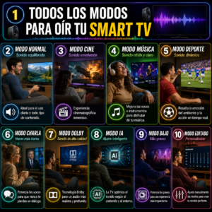 Personas descubriendo todas las formas de escuchar el audio ajustando el Modo de Sonido SMART TV