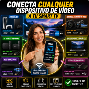 Las SMART TV más vendidas y buscadas en el mercado como conectar dipositivo a tv: Persona conectando varios dispositivos de vídeo a una Smart TV mediante HDMI