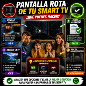 Smart con la pantalla de TV rota mientras un técnico explica las posibles soluciones