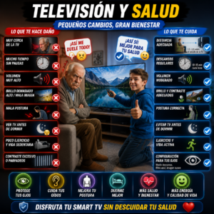 NO Es Malo Ver la Tele: Persona viendo una Smart TV con consejos para cuidar los ojos, oídos y postura