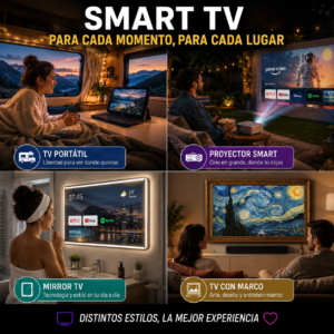Diferentes tipos de Smart TV según el uso para cine, videojuegos, deportes y streaming.